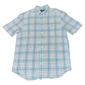 Vineyard Vines Men’s Classic Fit Tucker Blue Plaid Linen Shirt Size L